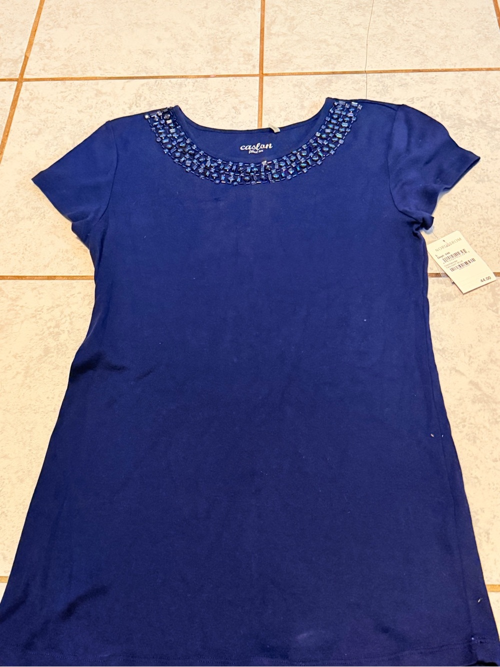 Nordstrom Twilight Blue Short Sleeve Top with Embellished Neckline